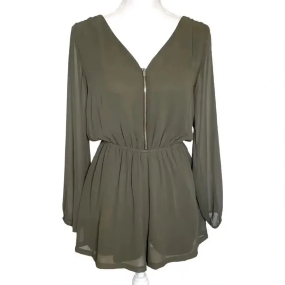 (B1) Express Olive Green Long‎ Sleeve Zip Front Romper | Sheer Sleeves | Boho XS